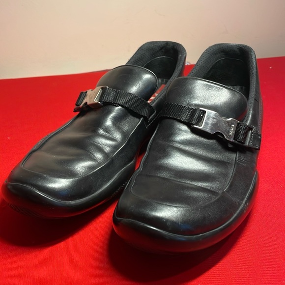 PRADA MENS’ BLACK LEATHER SLIP ON SHOES WITH BUCKLE (6.5) - Picture 2 of 13